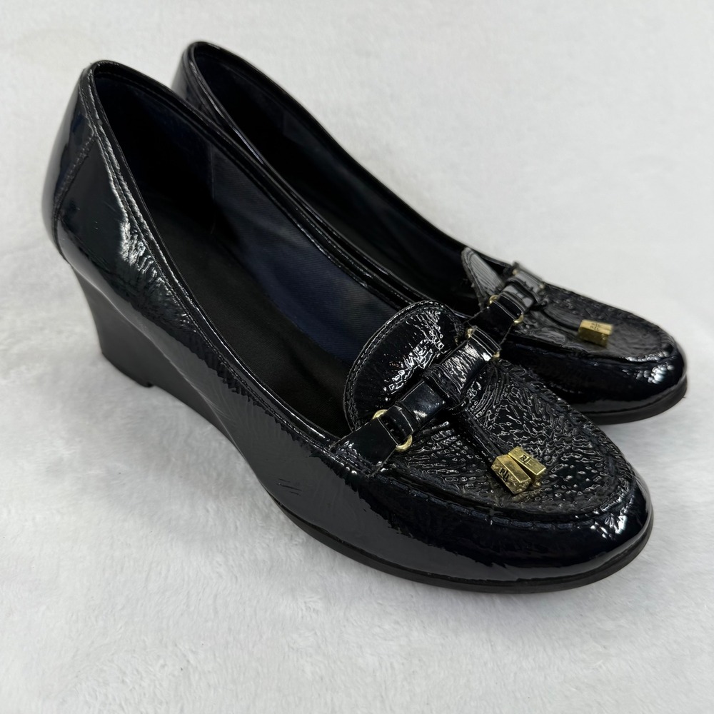Lauren Ralph Lauren Black Patent Leather Wedge Loafers with Gold Accents 8 READ